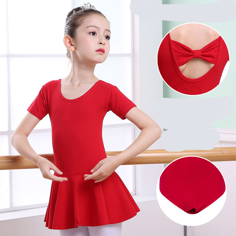 Girl in red ballet leotard with bow back and pleated skirt, dancewear for kids