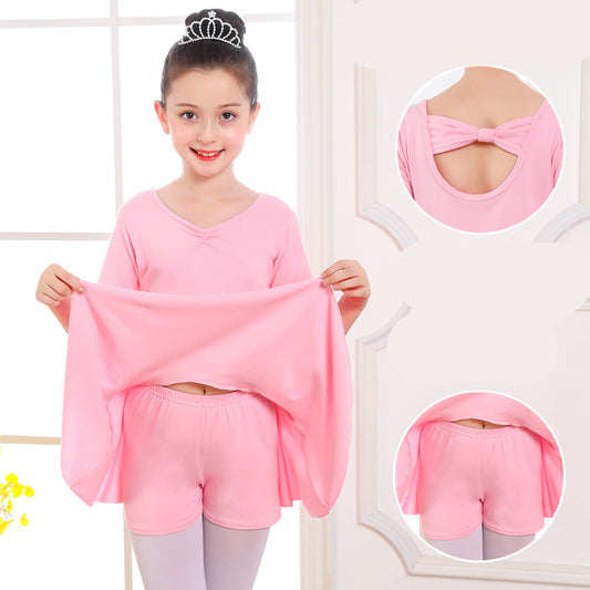 Pink ballet dance outfit for girls with bow back top and shorts, perfect for practice or performance