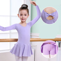 Girl in lavender ballet leotard with bow back & attached skirt, dancewear for kids