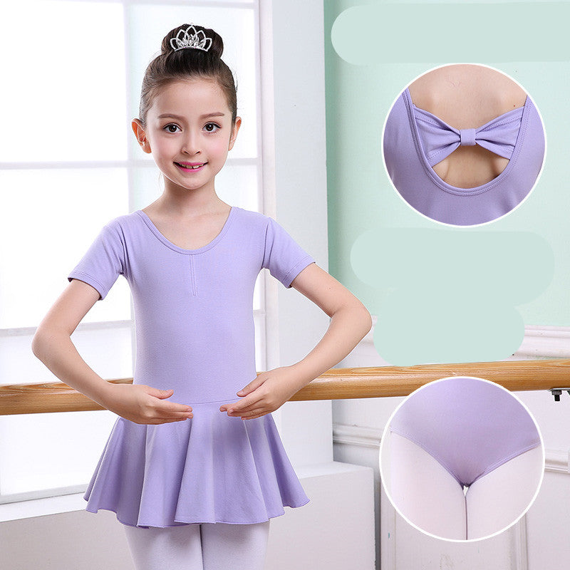 Girl in lavender ballet leotard with bow back and flared skirt, dancewear for kids
