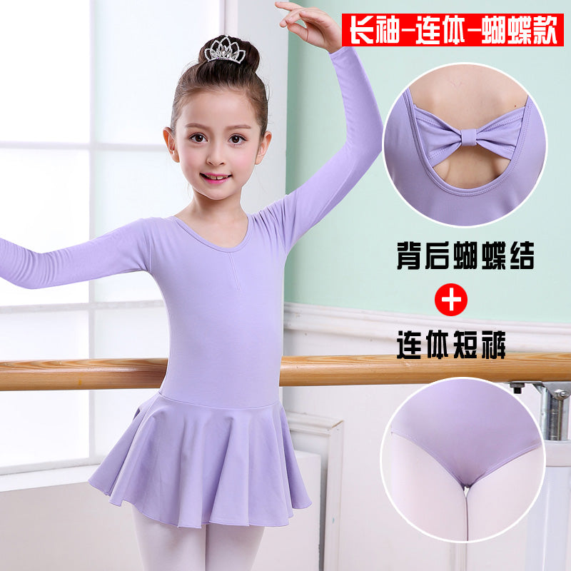 Purple long-sleeve ballet leotard with back bow, flared skirt, and attached shorts for girls' dance practice