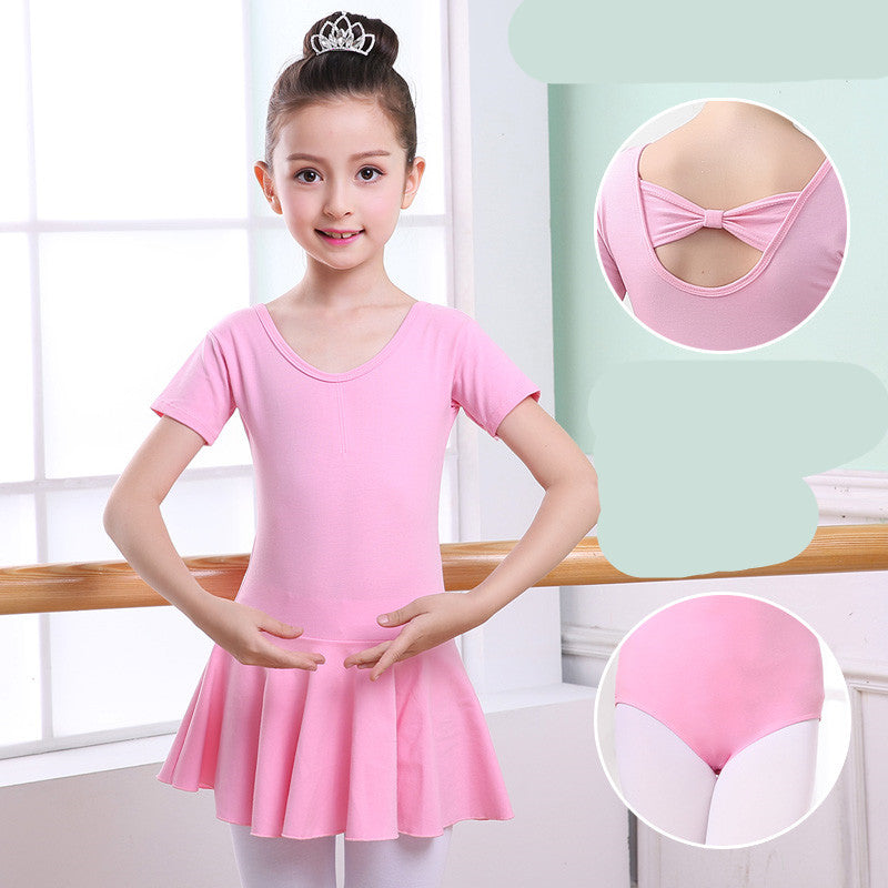 Pink ballet leotard with skirt for girls, featuring bow back and white tights, perfect for dance class or performance.