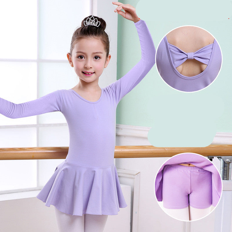 Girl in lavender ballet leotard with skirt, bow back detail, and matching shorts for dance practice