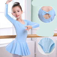 Light blue long-sleeve ballet leotard with bow back and flared skirt for girls dance practice