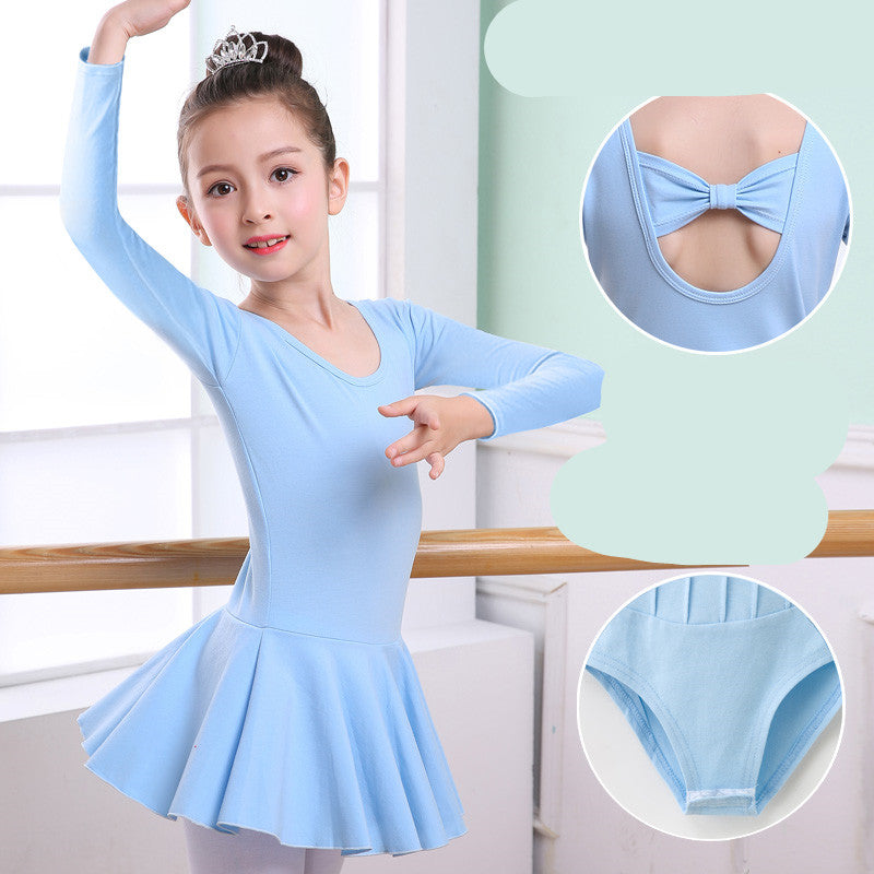 Light blue long-sleeve ballet leotard with bow back and flared skirt for girls dance practice