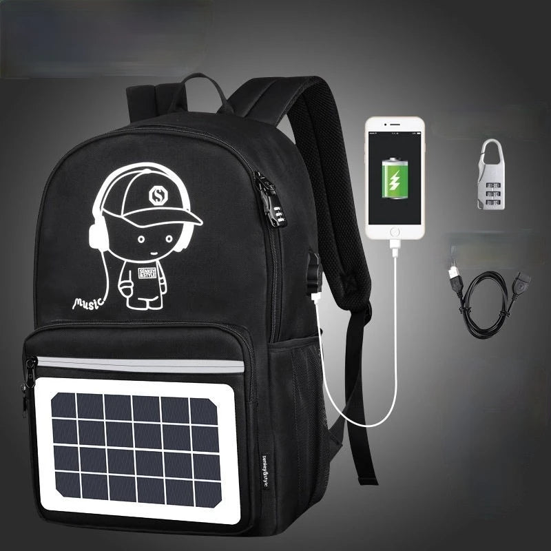 Black solar-powered backpack with USB charging, cartoon graphic, and secure lock for travel or school use