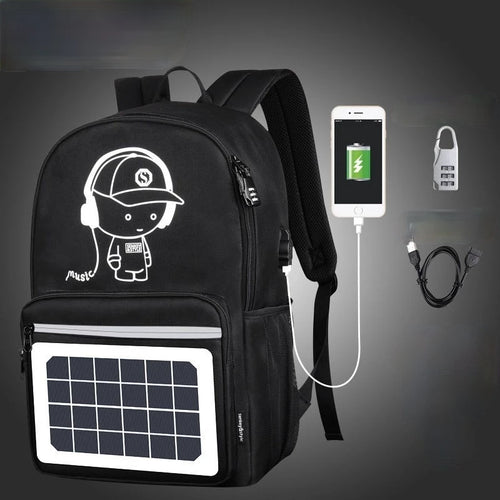 Black solar-powered backpack with USB charging, cartoon graphic, and secure lock for travel or school use