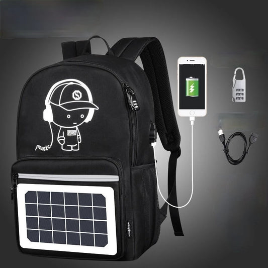 Black solar-powered backpack with USB charging, cartoon graphic, and secure lock for travel or school use