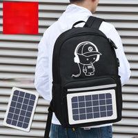 Black solar panel backpack with cartoon music graphic, ideal for eco-friendly travel and tech lovers