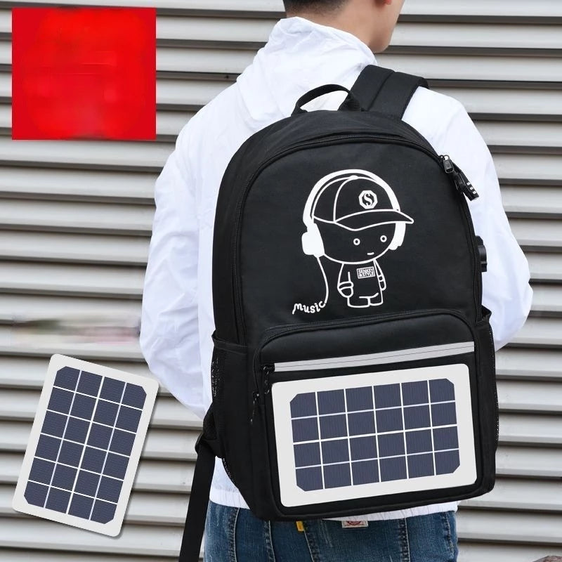 Black solar panel backpack with cartoon music graphic, ideal for eco-friendly travel and tech lovers