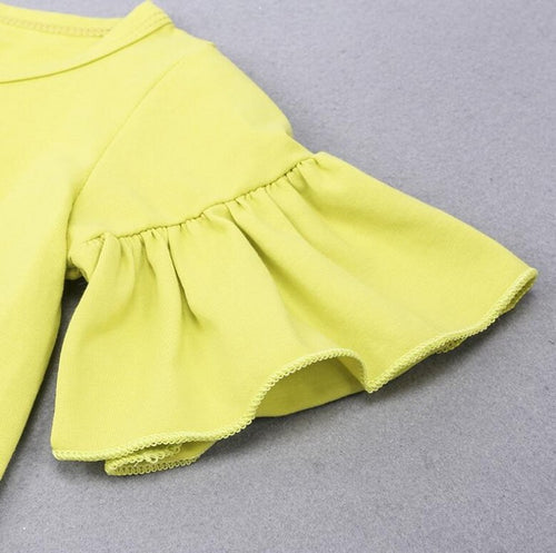 Bright yellow ruffled sleeve baby onesie, soft knit fabric with delicate trim, perfect for infant fashion