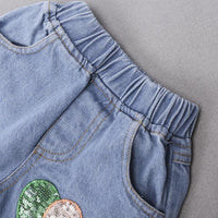 Light blue denim shorts with sequin avocado patch, elastic waistband, kids fashion
