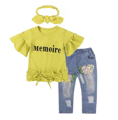 Yellow 'Memoire' ruffle top with sequin balloon jeans & matching headband, kids fashion set
