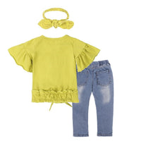 Yellow ruffle top with denim pants and matching headband for toddler girls