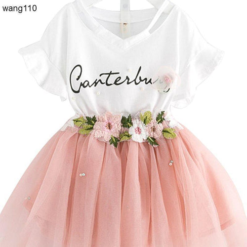 White V-neck dress with 'Canterbury' script, floral waistband, and pink tulle skirt for girls