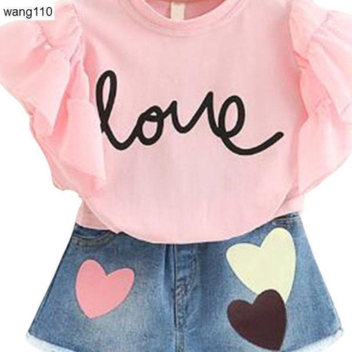 Pink 'love' graphic tee with ruffle sleeves & heart-patch denim skirt for kids fashion