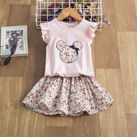 Pink floral kids dress with ruffle sleeves and Mickey Mouse print, perfect for summer fashion