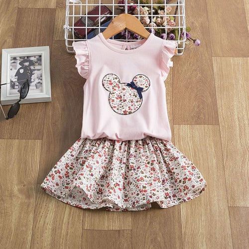 Pink floral kids dress with ruffle sleeves and Mickey Mouse print, perfect for summer fashion