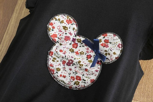 Black kids' shirt with floral Mickey Mouse appliqué and blue bow, cute Disney-inspired fashion