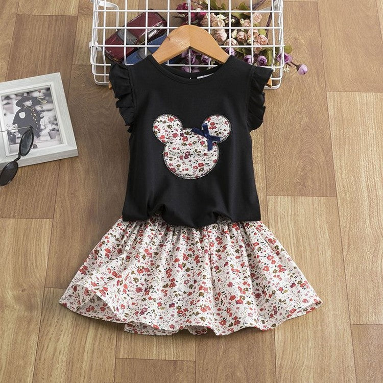 Black kids dress with floral Mickey Mouse print and ruffled sleeves, perfect for summer fashion