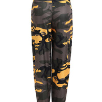 Yellow and black camouflage cargo joggers with elastic cuffs and side pockets