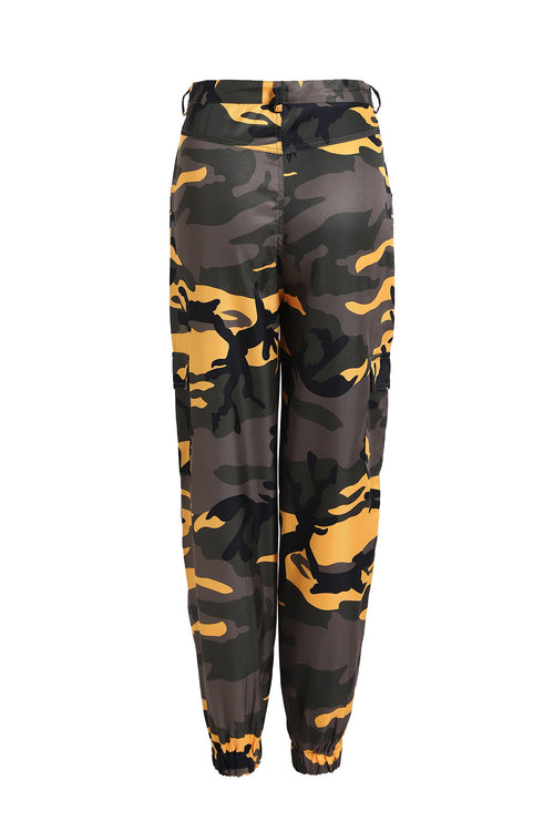 Yellow and black camouflage cargo joggers with elastic cuffs and side pockets
