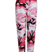 Pink camouflage cargo pants with black deer silhouettes, tapered fit, elastic cuffs