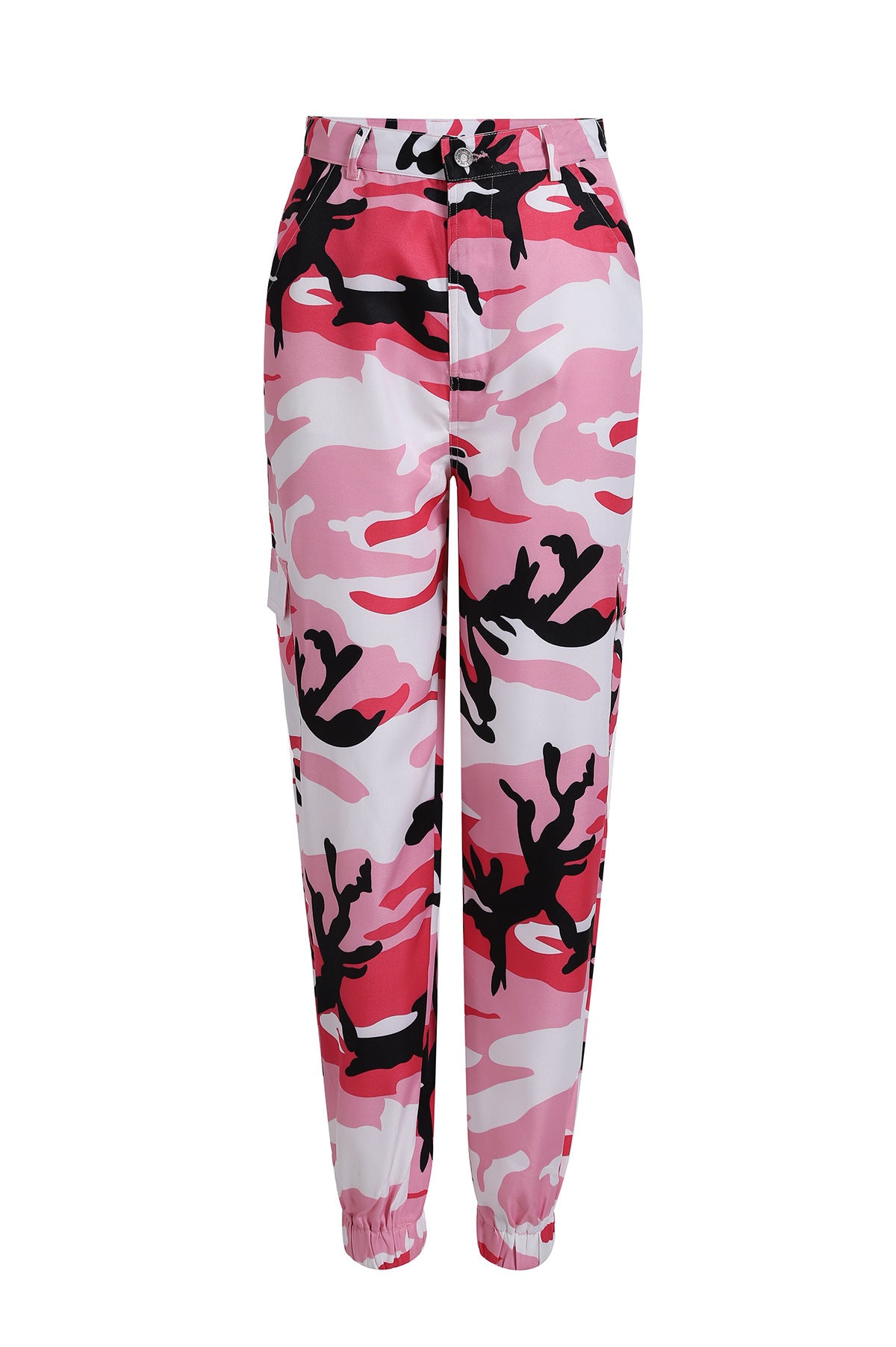 Pink camouflage cargo pants with black deer silhouettes, tapered fit, elastic cuffs