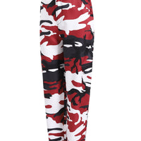 Red, white, and black camouflage cargo joggers with elastic cuffs and side pockets