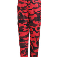 Red and black camouflage cargo pants with elastic cuffs, stylish streetwear fashion