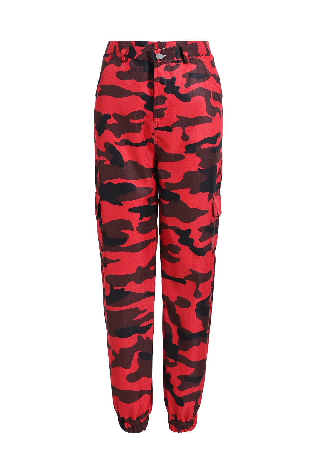 Red and black camouflage cargo pants with elastic cuffs, stylish streetwear fashion