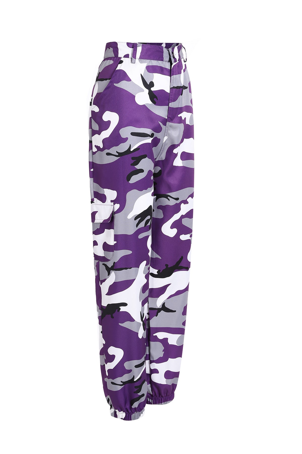 Purple camouflage cargo pants with elastic cuffs and side pockets, stylish streetwear fashion