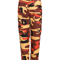 Camouflage cargo pants with red, brown, and tan print, tapered cuffs, and side pockets
