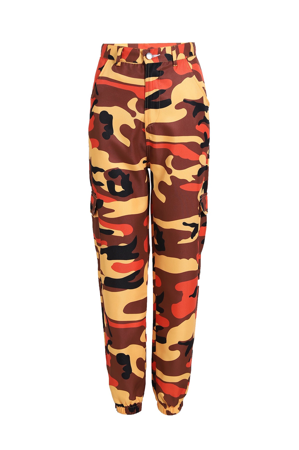 Camouflage cargo pants with red, brown, and tan print, tapered cuffs, and side pockets