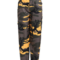 Yellow and black camouflage cargo pants with elastic cuffs, stylish streetwear fashion