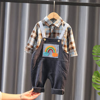 Baby boy plaid shirt with rainbow patch corduroy overalls, stylish toddler outfit