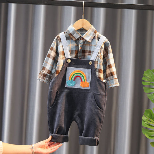 Baby boy plaid shirt with rainbow patch corduroy overalls, stylish toddler outfit