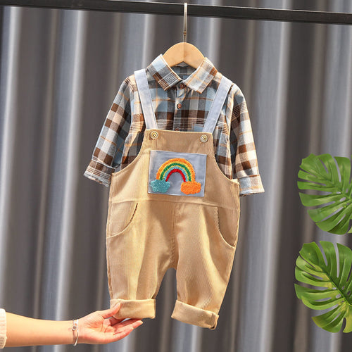Baby corduroy overalls with rainbow patch and plaid shirt, stylish kids fashion outfit