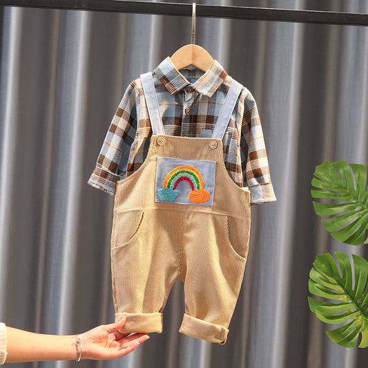 Baby corduroy overalls with rainbow patch and plaid shirt, stylish kids fashion outfit