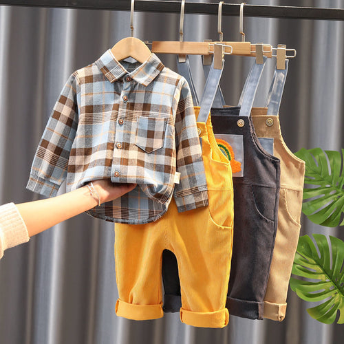 Baby boy plaid shirt with corduroy overalls in yellow, black, beige – toddler fashion set