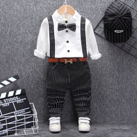 Boys formal outfit with striped suspenders, bow tie, and white shirt for special occasions