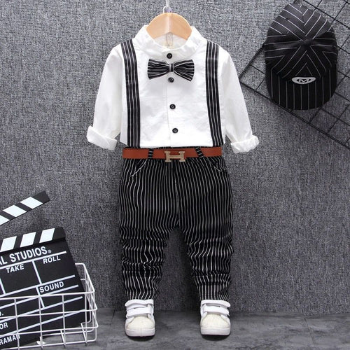 Boys formal outfit with striped suspenders, bow tie, and white shirt for special occasions