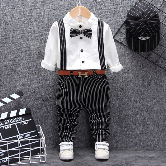 Boys formal outfit with striped suspenders, bow tie, and white shirt for special occasions