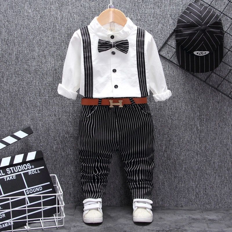 Boys formal outfit with striped suspenders, bow tie, and white shirt for special occasions