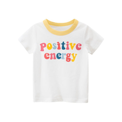 Children's alphabet pattern T-shirt by Ancient Energy featuring cartoon girls and short sleeves, perfect for kids' casual wear.