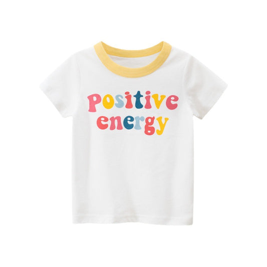 Children's alphabet pattern T-shirt by Ancient Energy featuring cartoon girls and short sleeves, perfect for kids' casual wear.