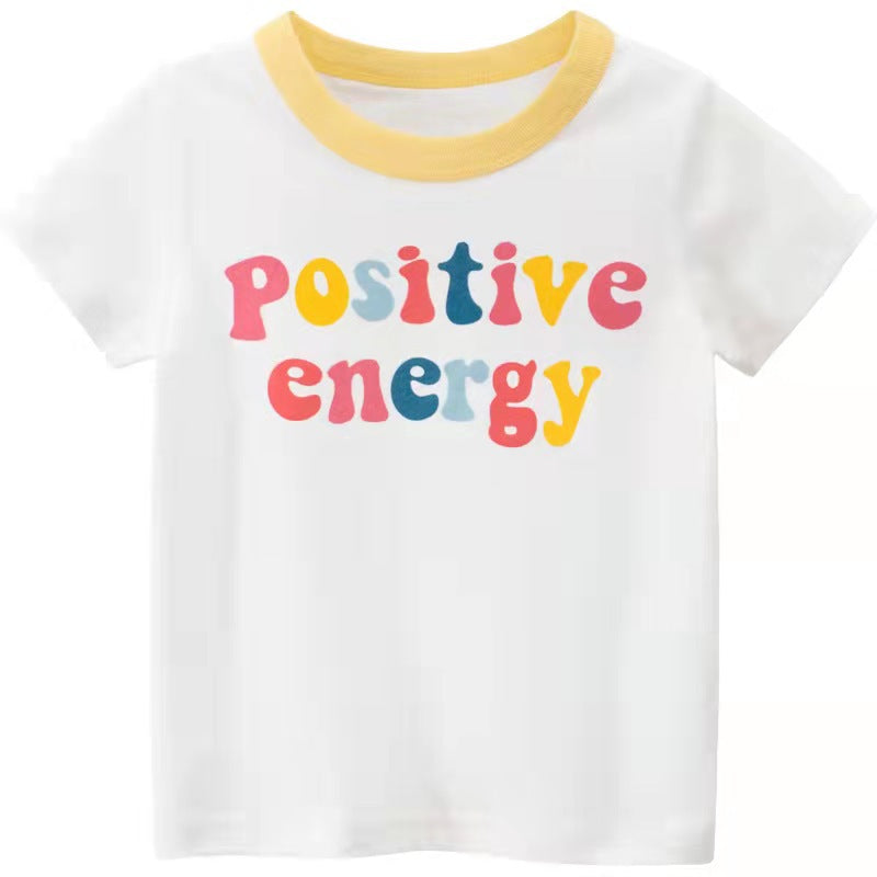 Children's alphabet pattern T-shirt by Ancient Energy featuring cartoon girls and short sleeves, perfect for kids' casual wear.