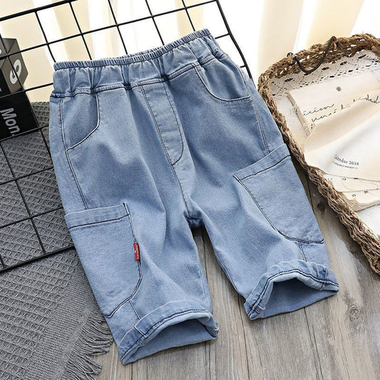 Light blue cotton children's pants from Ancient Energy, loose summer style for middle school kids, breathable and comfortable.