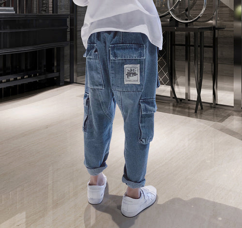 Ancient Energy big kids loose harem trousers with fleece padding, overalls style, comfortable and warm for active wear.