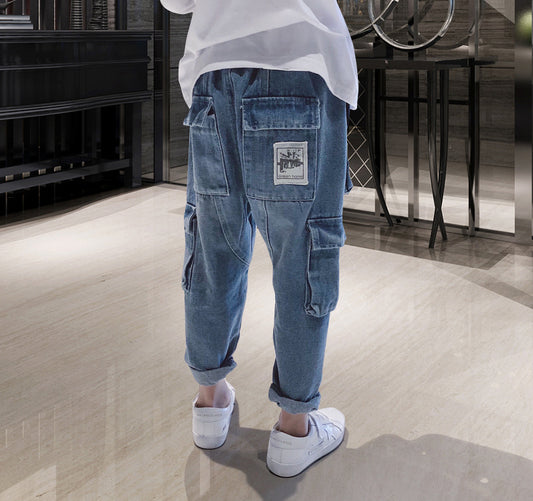 Ancient Energy big kids loose harem trousers with fleece padding, overalls style, comfortable and warm for active wear.